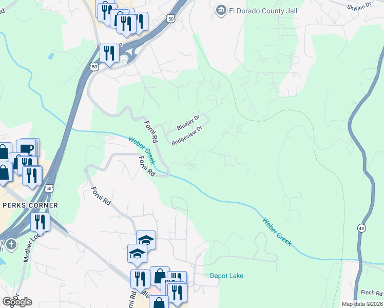 map of restaurants, bars, coffee shops, grocery stores, and more near 55 Dawn Lane in Placerville