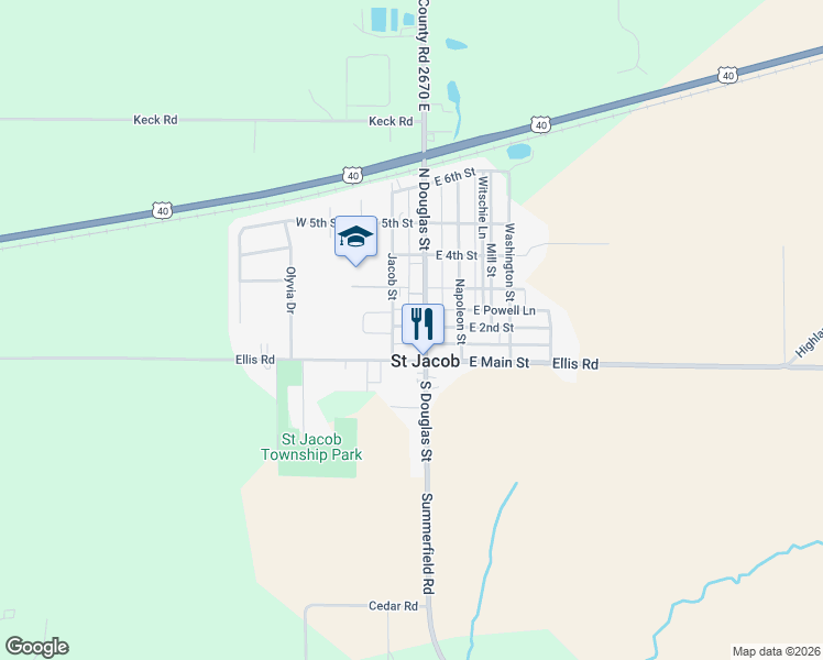 map of restaurants, bars, coffee shops, grocery stores, and more near 105 West 2nd Street in Saint Jacob