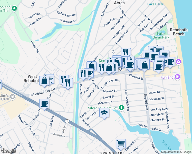 map of restaurants, bars, coffee shops, grocery stores, and more near Rehoboth Avenue in Rehoboth Beach