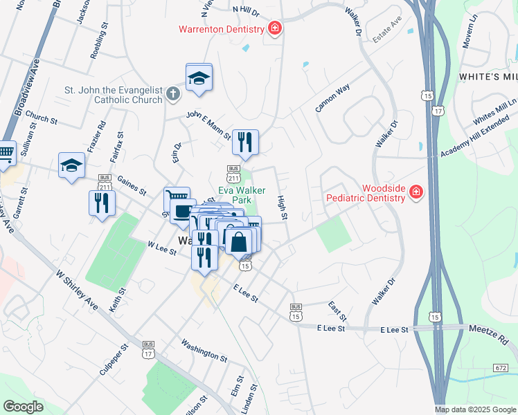 map of restaurants, bars, coffee shops, grocery stores, and more near 107 Haiti Street in Warrenton