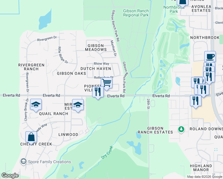 map of restaurants, bars, coffee shops, grocery stores, and more near 2632 Zuider Zee Circle in Elverta