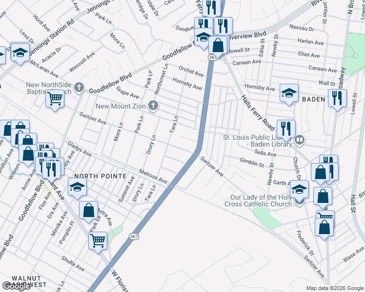 map of restaurants, bars, coffee shops, grocery stores, and more near 1535 Switzer Avenue in St. Louis