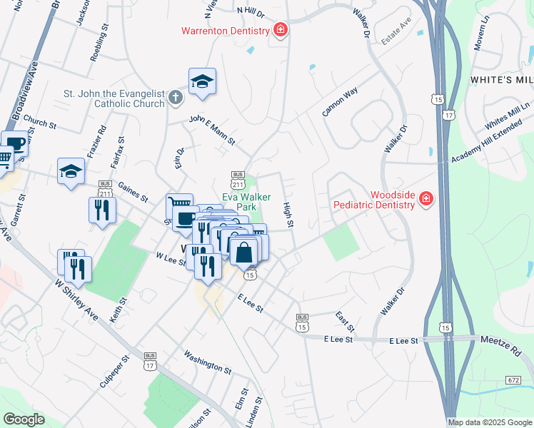 map of restaurants, bars, coffee shops, grocery stores, and more near 107 Haiti Street in Warrenton