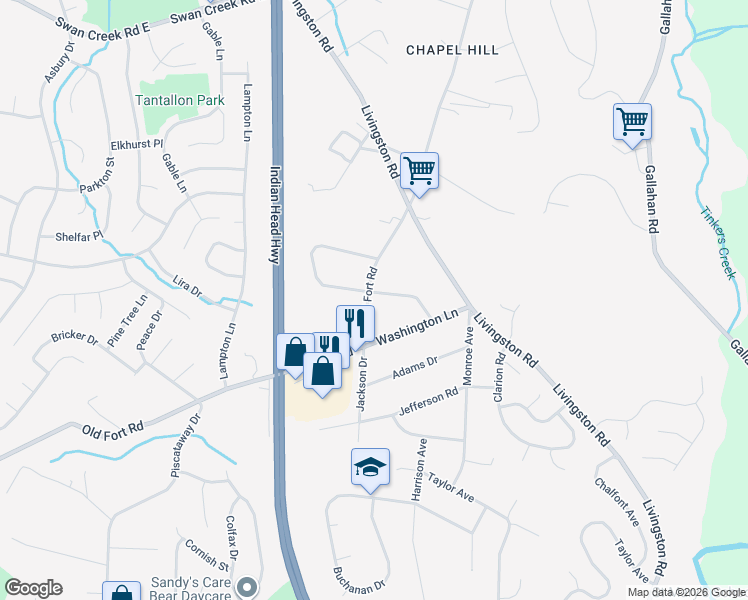 map of restaurants, bars, coffee shops, grocery stores, and more near 12700 Old Fort Road in Fort Washington