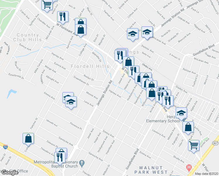 map of restaurants, bars, coffee shops, grocery stores, and more near 5702 Jennings Station Road in St. Louis