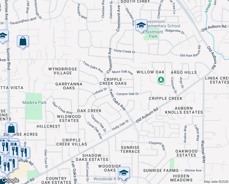 map of restaurants, bars, coffee shops, grocery stores, and more near 8245 Canyon Oak Drive in Citrus Heights