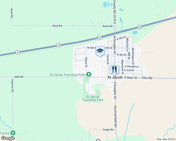 map of restaurants, bars, coffee shops, grocery stores, and more near 118 Olyvia Drive in Saint Jacob