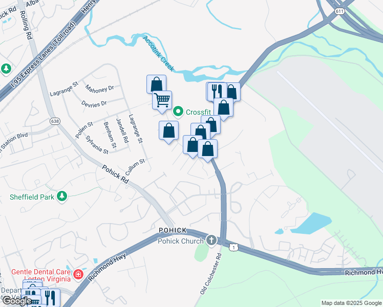 map of restaurants, bars, coffee shops, grocery stores, and more near 7351 Lockport Place in Lorton