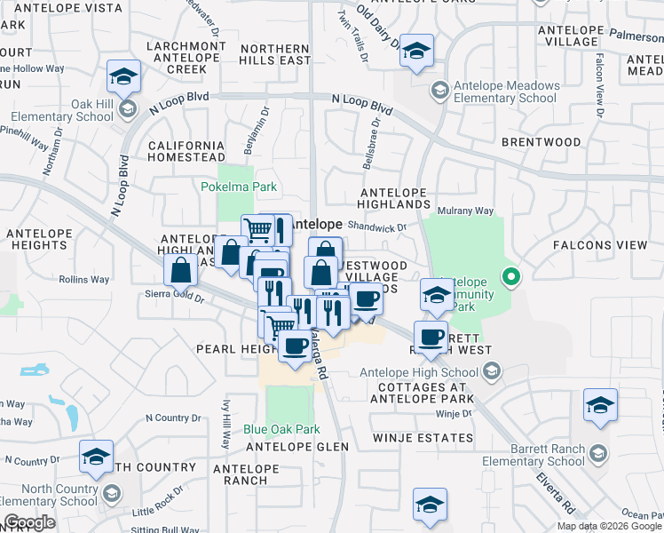 map of restaurants, bars, coffee shops, grocery stores, and more near 8008 Walerga Road in Antelope