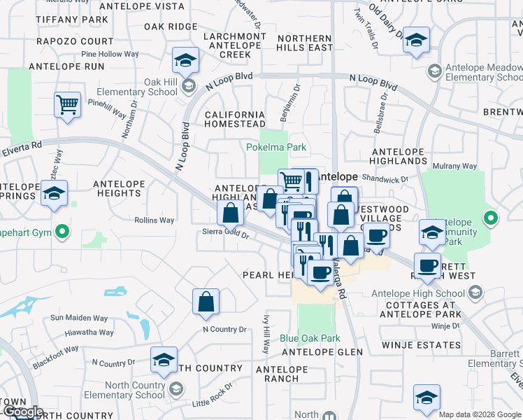 map of restaurants, bars, coffee shops, grocery stores, and more near 4049 Timpani Court in Antelope