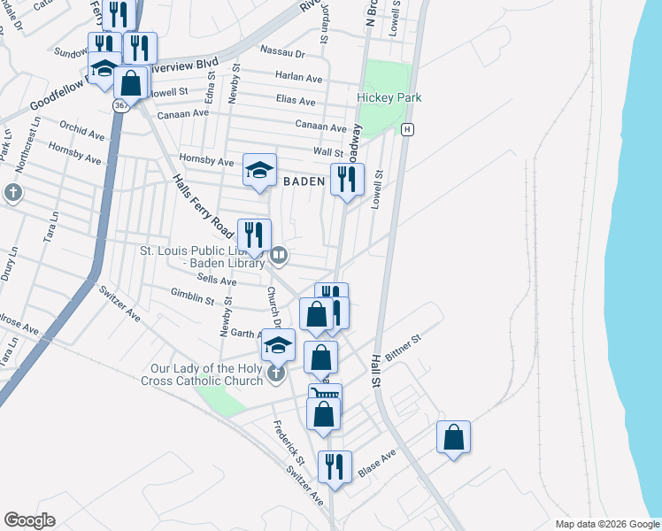 map of restaurants, bars, coffee shops, grocery stores, and more near 8400 North Broadway in St. Louis