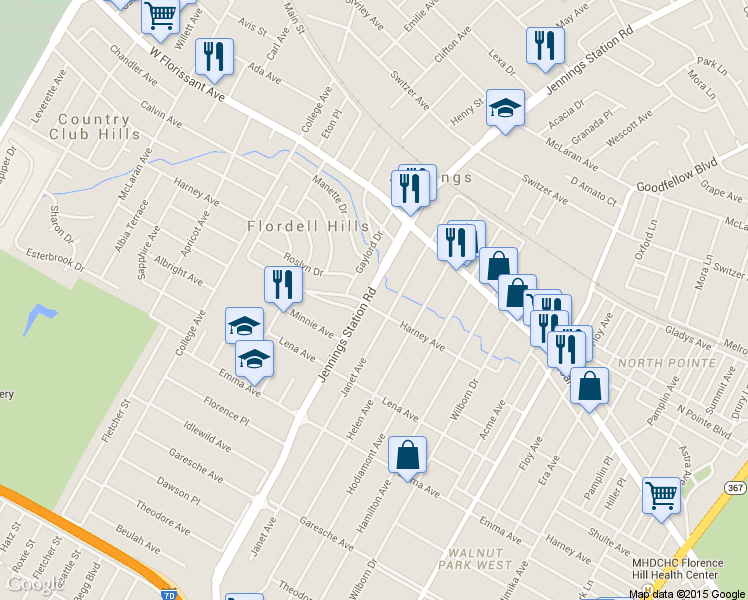 map of restaurants, bars, coffee shops, grocery stores, and more near 5702 Jennings Station Road in St. Louis