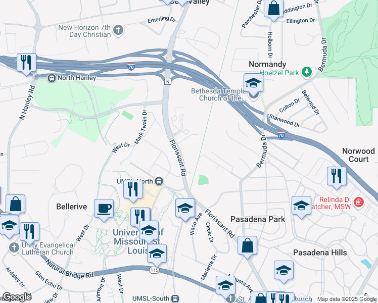 map of restaurants, bars, coffee shops, grocery stores, and more near 8115 Florissant Road in St. Louis