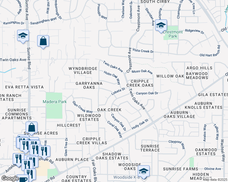 map of restaurants, bars, coffee shops, grocery stores, and more near 8129 Garryanna Drive in Citrus Heights