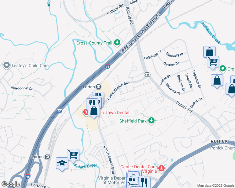 map of restaurants, bars, coffee shops, grocery stores, and more near 7694 Graysons Mill Lane in Lorton