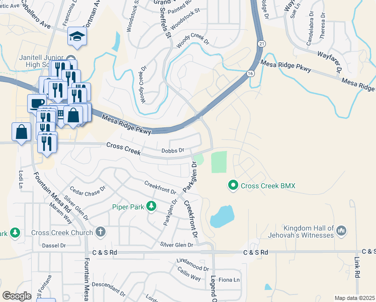 map of restaurants, bars, coffee shops, grocery stores, and more near 7625 Dobbs Drive in Fountain