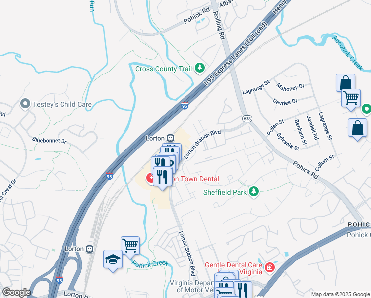 map of restaurants, bars, coffee shops, grocery stores, and more near 8986 Lorton Station Boulevard in Lorton