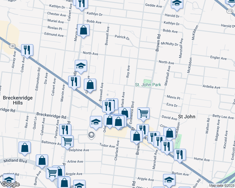map of restaurants, bars, coffee shops, grocery stores, and more near 3452 Lindscott Avenue in St. Louis