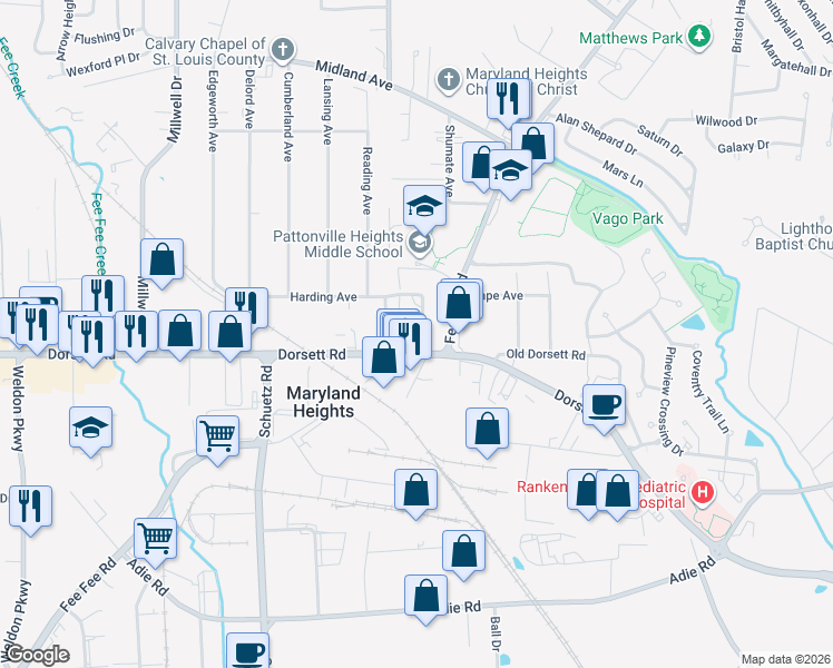 map of restaurants, bars, coffee shops, grocery stores, and more near 225 Shumate Avenue in Maryland Heights