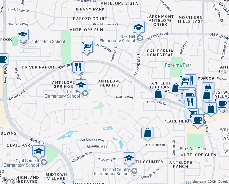map of restaurants, bars, coffee shops, grocery stores, and more near 8028 Citron Court in Antelope