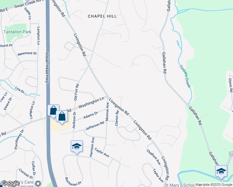 map of restaurants, bars, coffee shops, grocery stores, and more near 1600 Robin Court in Fort Washington