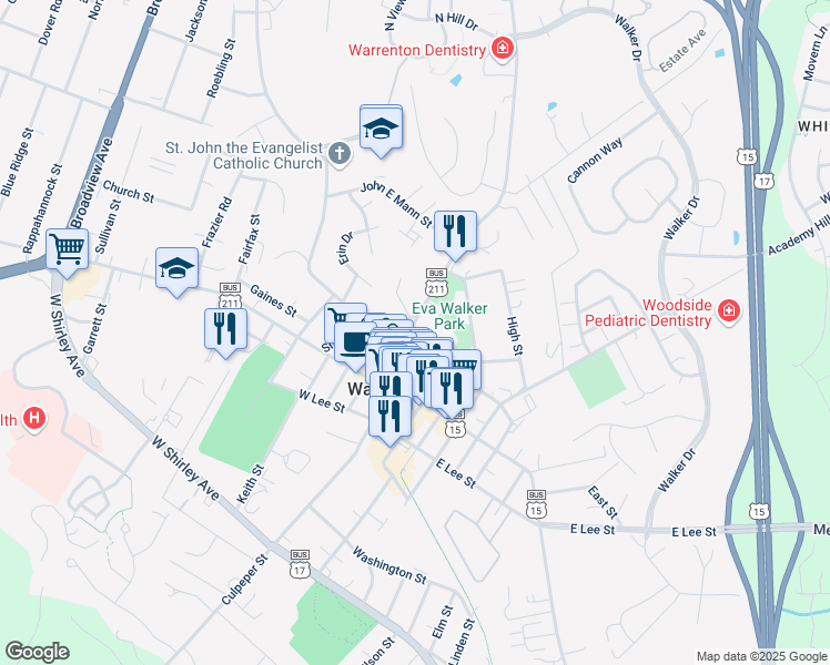 map of restaurants, bars, coffee shops, grocery stores, and more near 65 Alexandria Pike in Warrenton