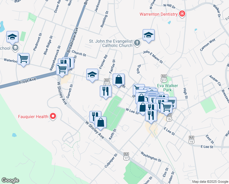 map of restaurants, bars, coffee shops, grocery stores, and more near 155 Beach Street in Warrenton