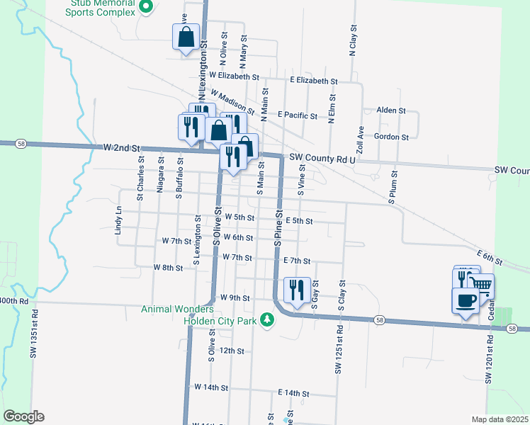 map of restaurants, bars, coffee shops, grocery stores, and more near 407 South Main Street in Holden