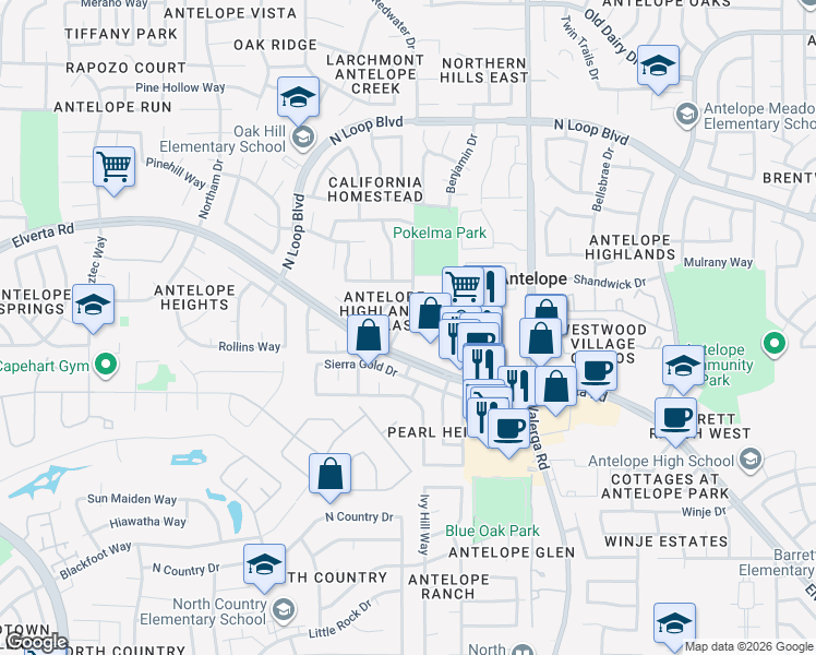 map of restaurants, bars, coffee shops, grocery stores, and more near 4049 Timpani Court in Antelope