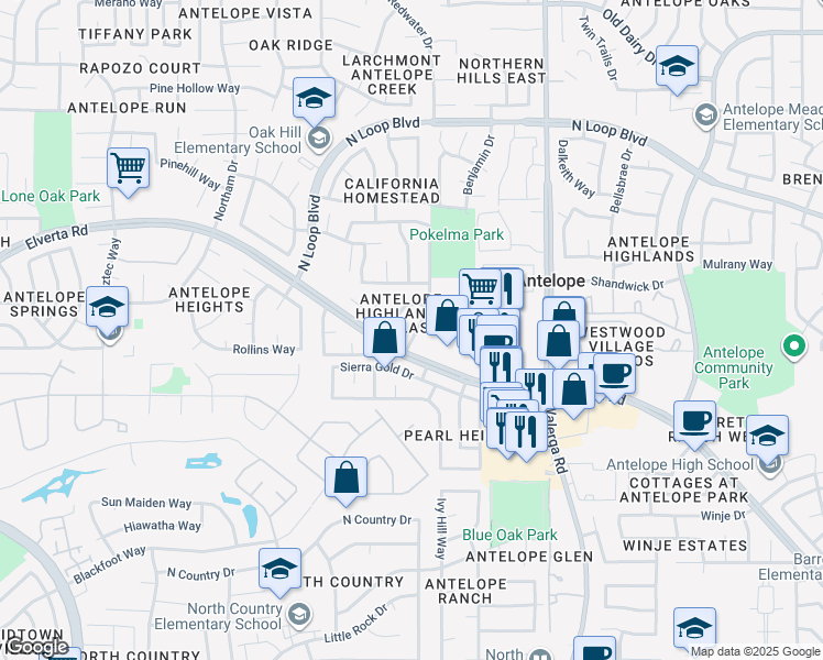 map of restaurants, bars, coffee shops, grocery stores, and more near 4049 Timpani Court in Antelope