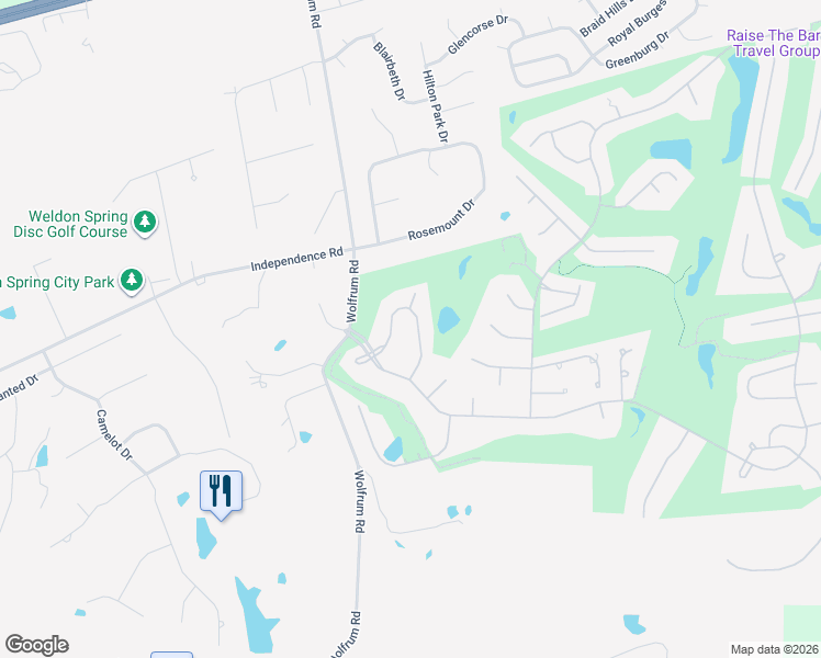 map of restaurants, bars, coffee shops, grocery stores, and more near 56 West Meath Ring in Weldon Spring