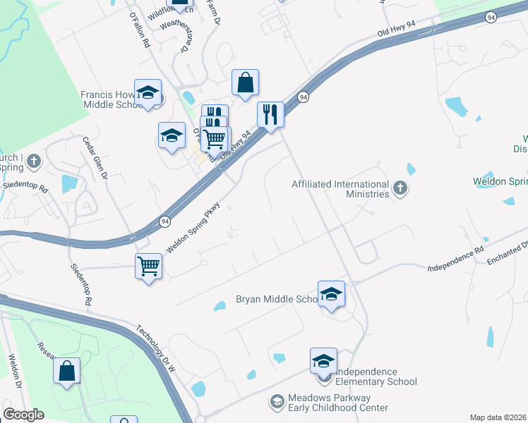 map of restaurants, bars, coffee shops, grocery stores, and more near 786 Southbrook Forest Court in Weldon Spring