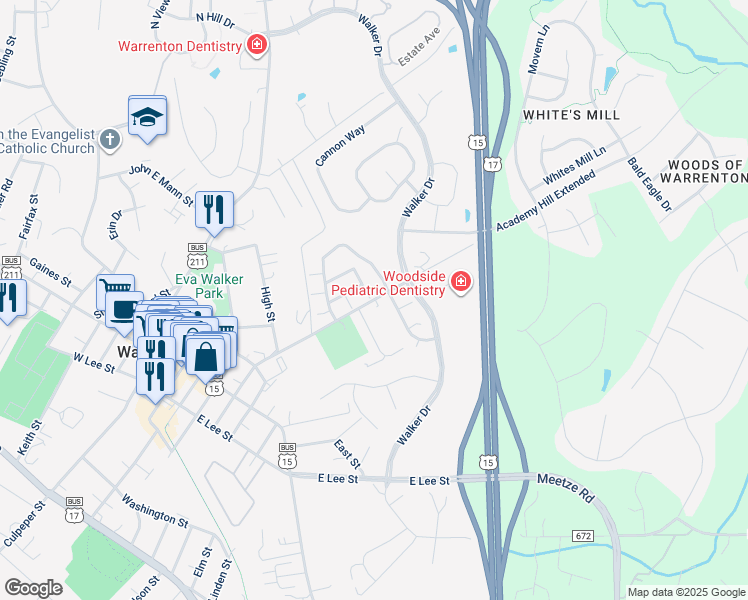 map of restaurants, bars, coffee shops, grocery stores, and more near County Road 678 in Warrenton