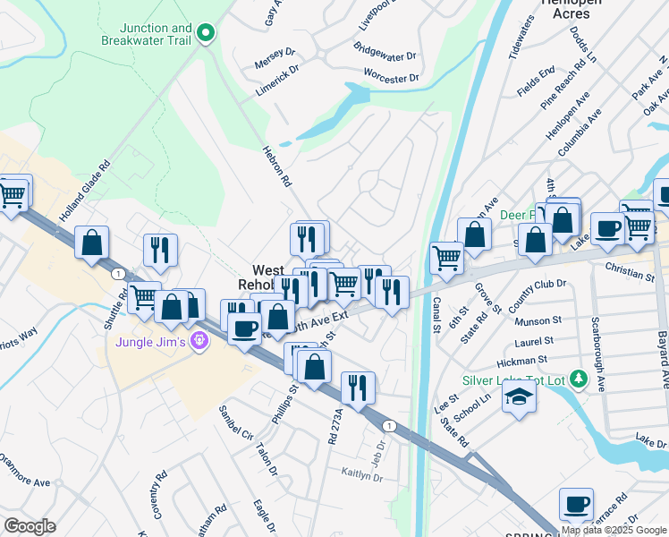 map of restaurants, bars, coffee shops, grocery stores, and more near 37401 Johnston Street in Rehoboth Beach