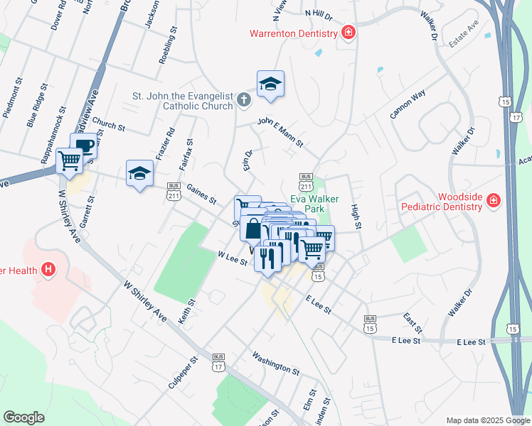 map of restaurants, bars, coffee shops, grocery stores, and more near 47 Winchester Street in Warrenton