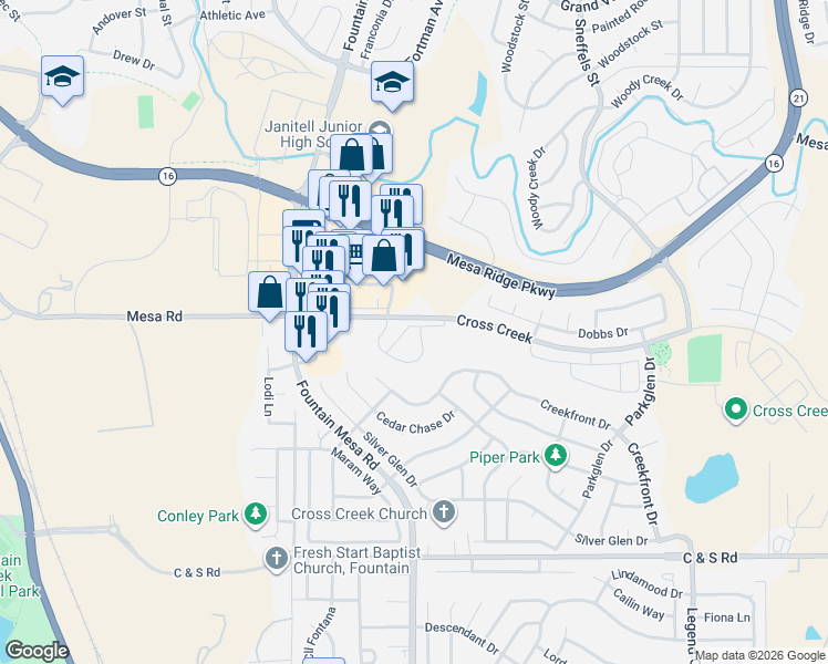 map of restaurants, bars, coffee shops, grocery stores, and more near 8123 Elk River View in Fountain
