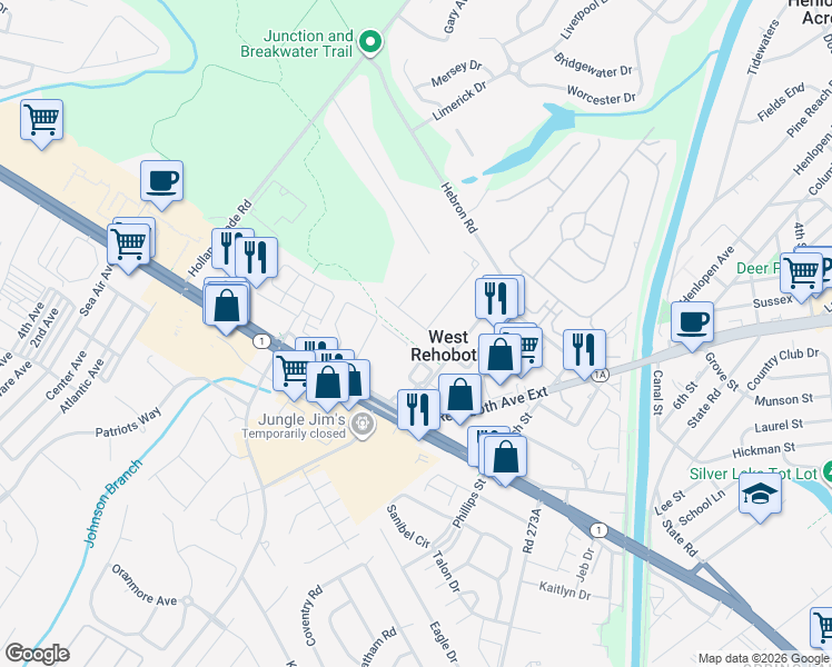 map of restaurants, bars, coffee shops, grocery stores, and more near 37184 Burton Avenue in Rehoboth Beach
