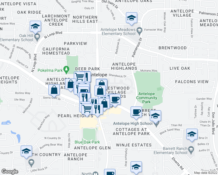map of restaurants, bars, coffee shops, grocery stores, and more near 8020 Walerga Road in Sacramento