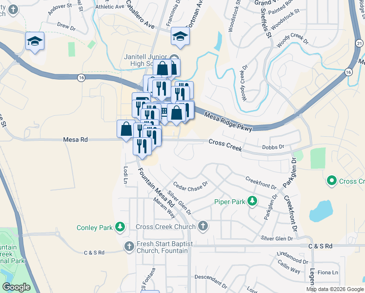 map of restaurants, bars, coffee shops, grocery stores, and more near 8140 Elk River View in Fountain