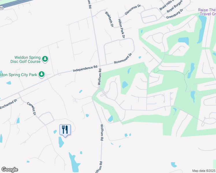 map of restaurants, bars, coffee shops, grocery stores, and more near 74 West Meath Ring in Weldon Spring