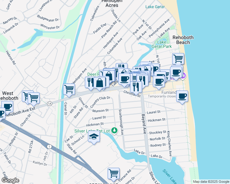 map of restaurants, bars, coffee shops, grocery stores, and more near 302 Rehoboth Ave in Rehoboth Beach
