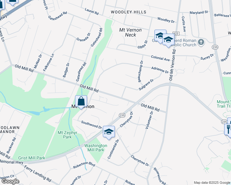 map of restaurants, bars, coffee shops, grocery stores, and more near 4110 Old Mill Road in Alexandria