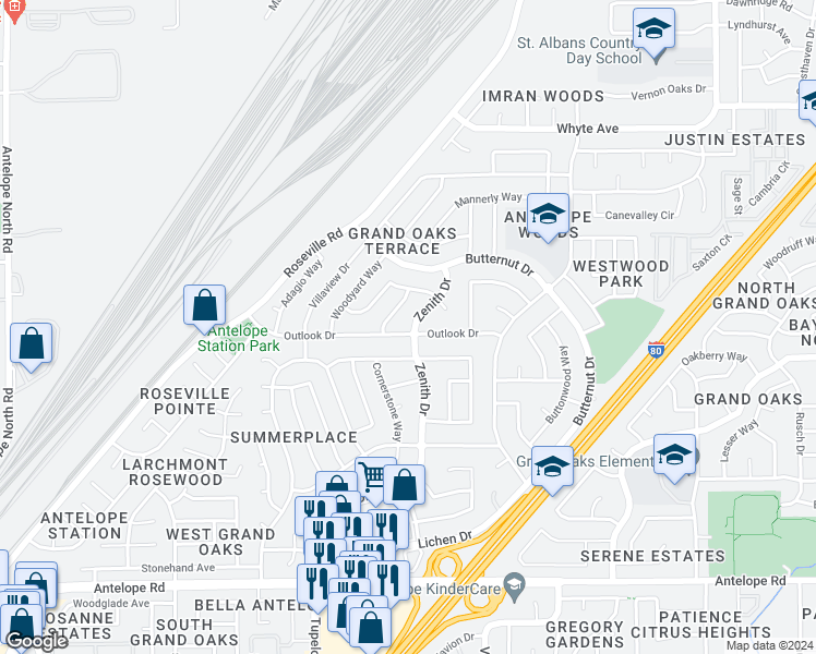 map of restaurants, bars, coffee shops, grocery stores, and more near 6643 Outlook Drive in Citrus Heights