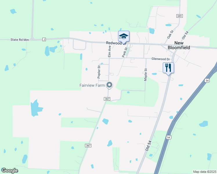 map of restaurants, bars, coffee shops, grocery stores, and more near 307 Elm Ave in New Bloomfield