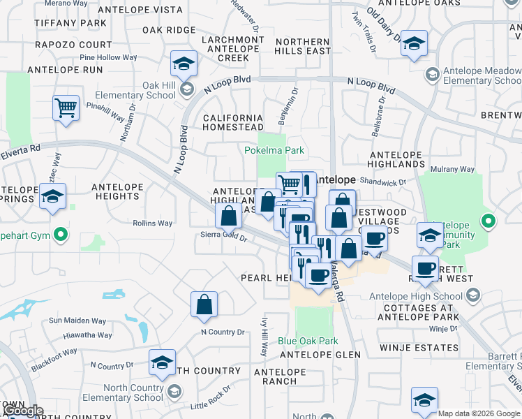 map of restaurants, bars, coffee shops, grocery stores, and more near 4049 Timpani Court in Antelope