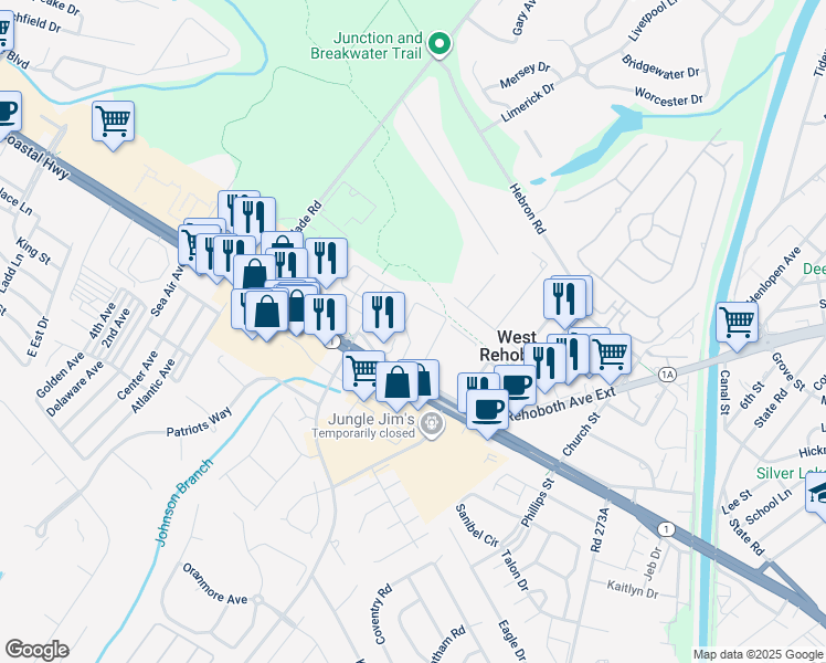 map of restaurants, bars, coffee shops, grocery stores, and more near 20007 Sandy Bottom Circle in Rehoboth Beach
