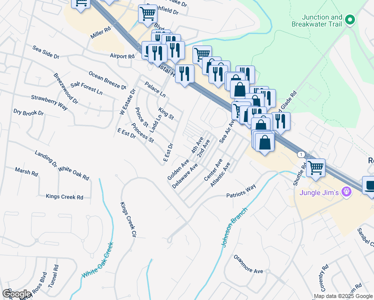map of restaurants, bars, coffee shops, grocery stores, and more near 36286 Marsh Road in Rehoboth Beach