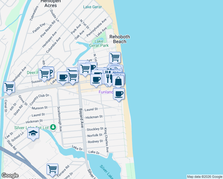 map of restaurants, bars, coffee shops, grocery stores, and more near 117 South Boardwalk in Rehoboth Beach