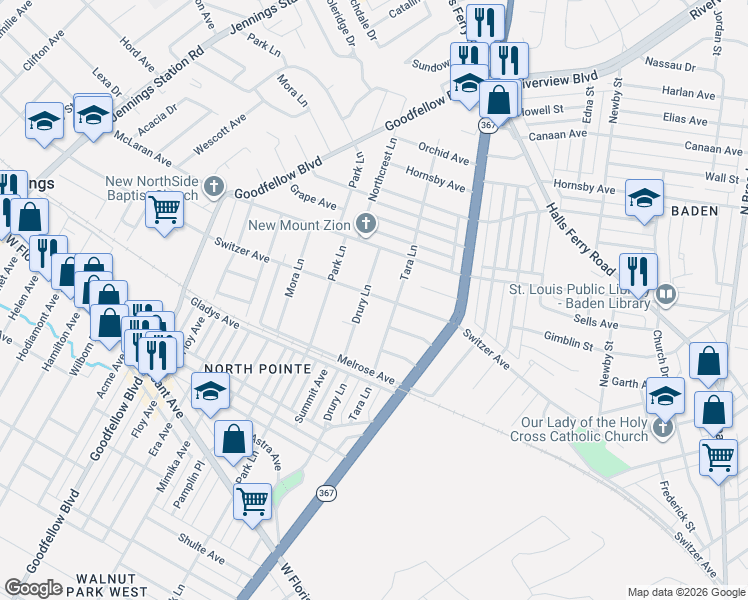 map of restaurants, bars, coffee shops, grocery stores, and more near 8563 Drury Lane in St. Louis