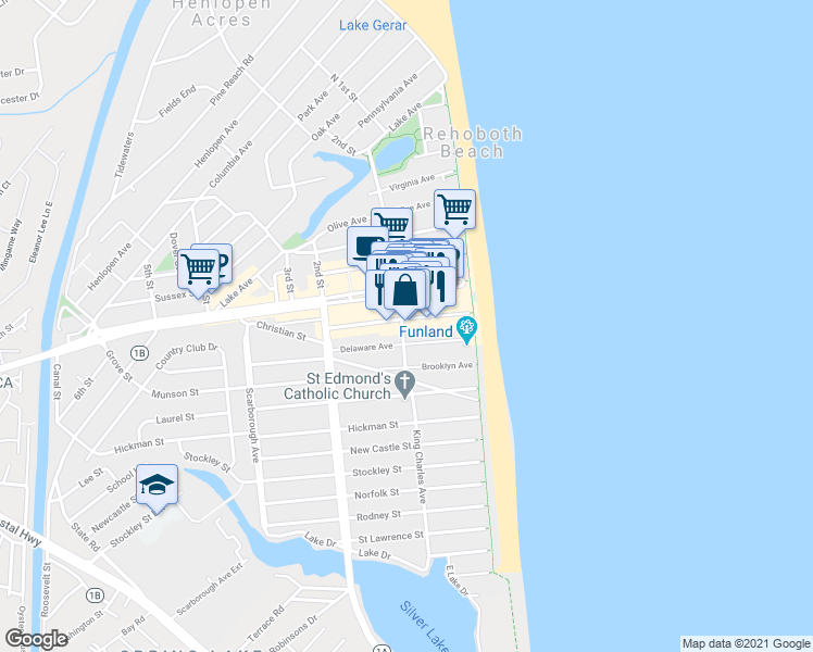 map of restaurants, bars, coffee shops, grocery stores, and more near 28 Wilmington Avenue in Rehoboth Beach